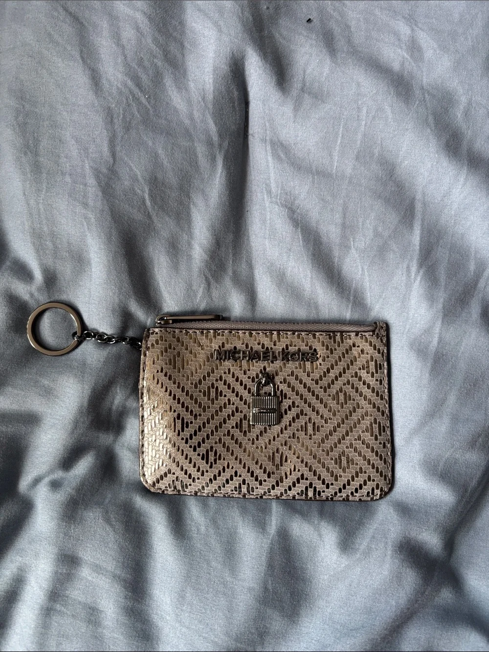 Michael Kors Metallic Taupe Patterned Card Holder Key Ring
